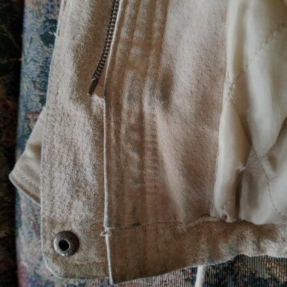 Vintage 80s, suede leather coat, fur fabric lined hood, XL by Weather Spirits - Picture 8 of 15